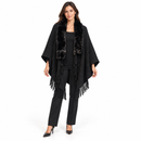 Black Ribbed Knit Poncho with Plush Collar & Fringe YD10