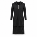 Black Hooded Half-Zip Long Dress with Patch Pockets & Layered Hem 83112