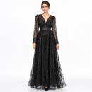 Women’s Black Sequin Mesh Long-Sleeve Evening Maxi Dress M02086