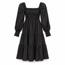 Black Square-Neck Smocked Tiered Dress with Long Puff Sleeves NS13
