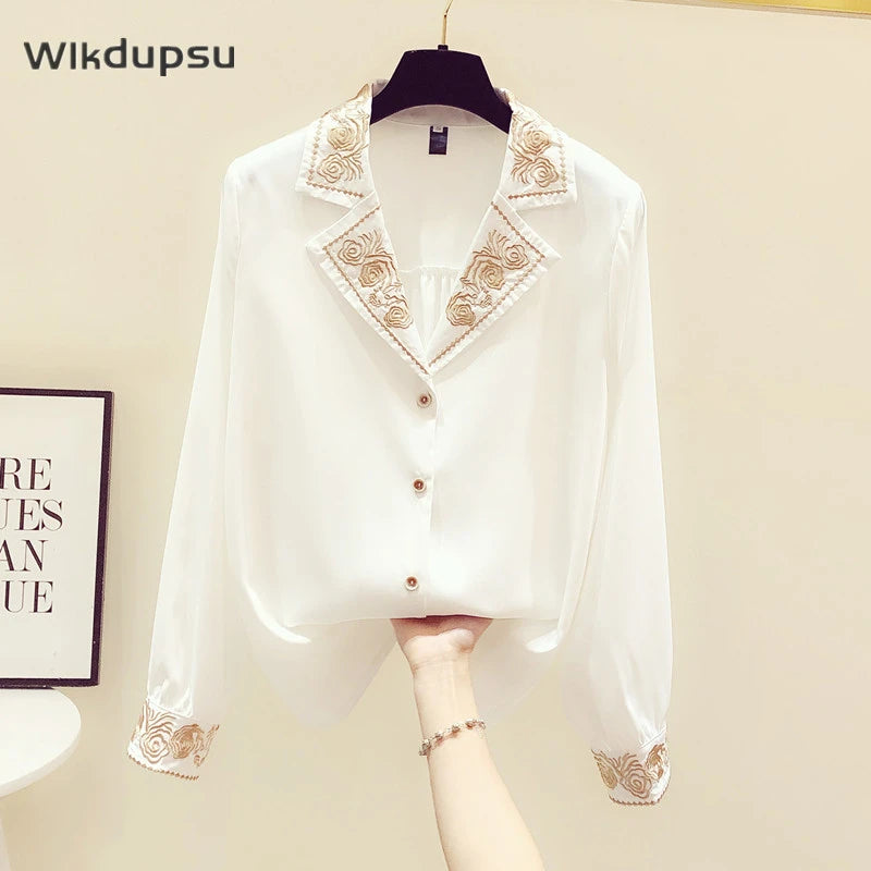 Blouses Shirts Stylish Women Elegant Designer Casual New Spring Summer Office Lady Work Floral Embriodery Shirt Top Female S2988826