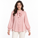 Women’s Blush Pink Bow-Neck Long-Sleeve Blouse S4477