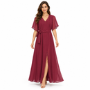 Women’s Burgundy V-Neck Belted Maxi Dress YD01