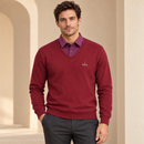 Men’s Burgundy V-Neck Pullover with Contrast Shirt Collar NS94