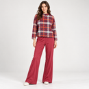 Women’s Plaid Mock-Neck Top & Burgundy Flared Trousers Set NS141