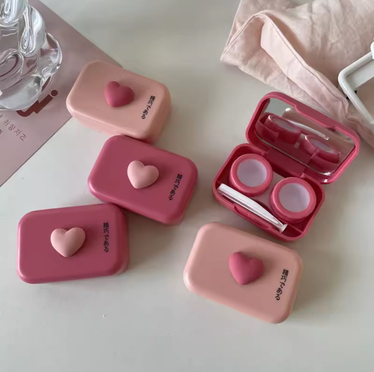 Pink Heart Square Contact Lenses Case with Tweezers Pink Heart Square Contact Lenses Case with Tweezers