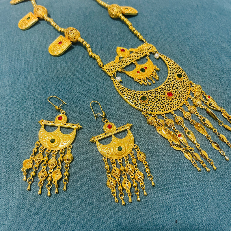 Womens Gold Color Long Length Necklace And Earrings S4498765 - TUZZUT Qatar Online Shopping