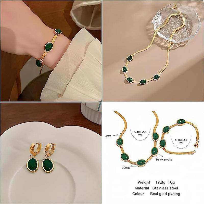 Stainless Steel Emerald Green Center Stone Earring Bracelet Necklace B-253272