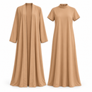 Women’s Camel Beige 2-Piece Open Abaya & Inner Maxi Dress Set YD66
