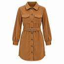 Women’s Caramel Brown Belted Corduroy Shirt Dress NS41