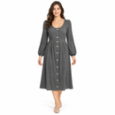 Women’s Charcoal Grey Button-Front Long-Sleeve Dress YD13