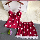 Chic Women Satin Pajama Cami Set Silky Lace Trim Nightwear 2 PCS Lingerie Short Sleepwear Relax Fit Polka Dots Oversize Lounger X2624949 - Tuzzut.com Qatar Online Shopping