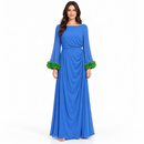 Women’s Blue Draped Maxi Dress with Green Ruffle Cuffs 50KP07