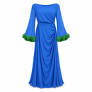 Women’s Blue Draped Maxi Dress with Green Ruffle Cuffs 50KP07
