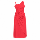 Women’s Coral Red Asymmetric Ruched Long Dress YD15