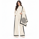 Women’s Cream Three-Piece Knit Set with Black Trim and Patterned Shawl NS54