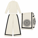 Women’s Cream Three-Piece Knit Set with Black Trim and Patterned Shawl NS54