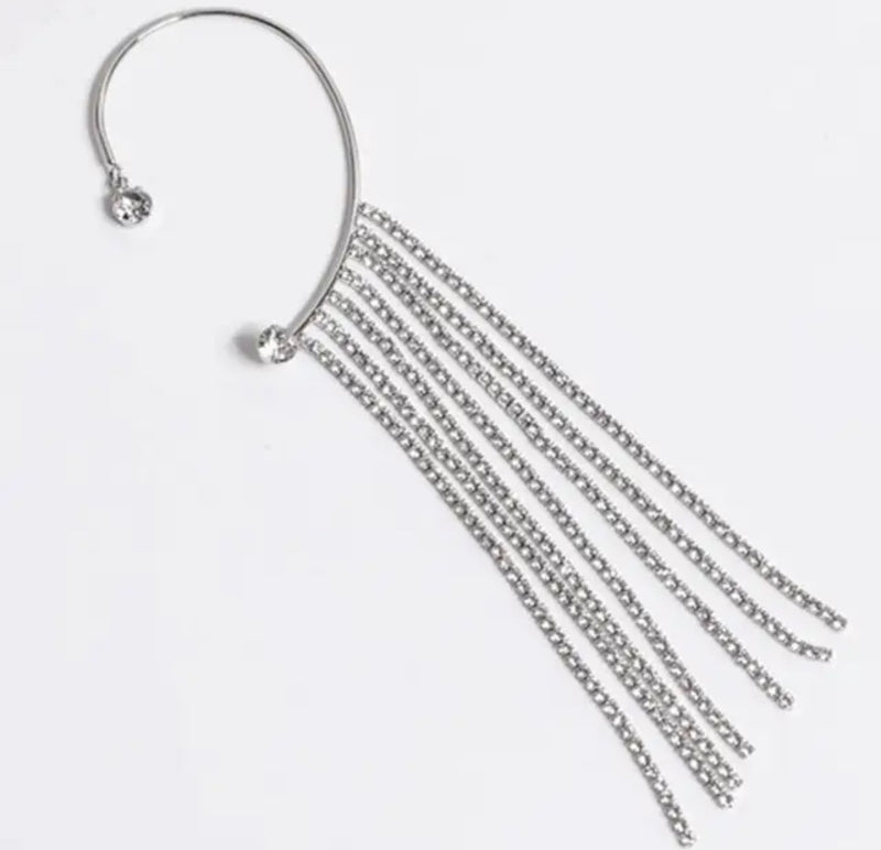 Pierced Long Chain Tassel Silver Color Crystal Eearrings Hook Cuff For Women - Tuzzut.com Qatar Online Shopping