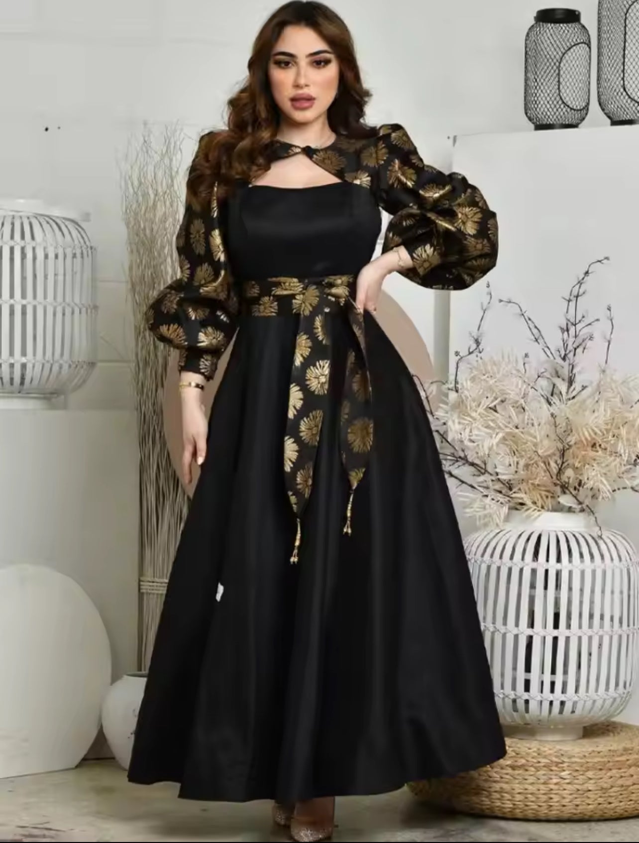 Women’s printing gold satin ball pendulum dress S4974676 Women’s printing gold satin ball pendulum dress S4974676