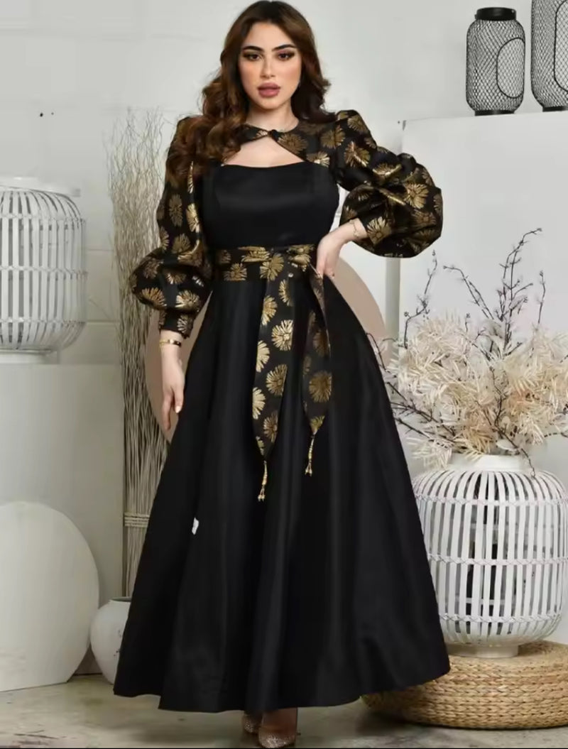 Women’s printing gold satin ball pendulum dress S4974676 - TUZZUT Qatar Online Shopping