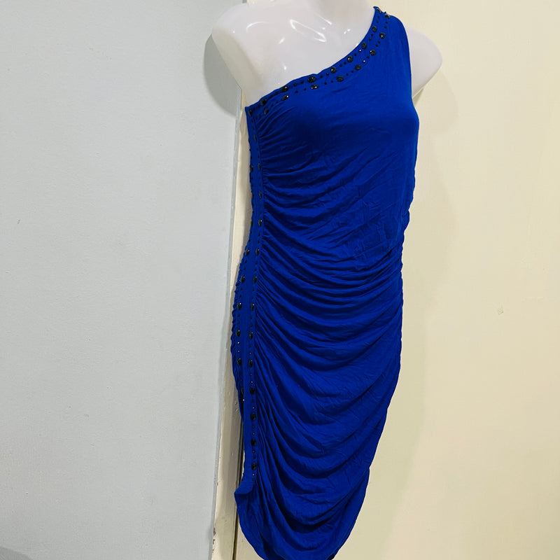 Women's Summer Mini Dress Sleeveless Blue One Shoulder Front Ruched Dress S5027984 - TUZZUT Qatar Online Shopping