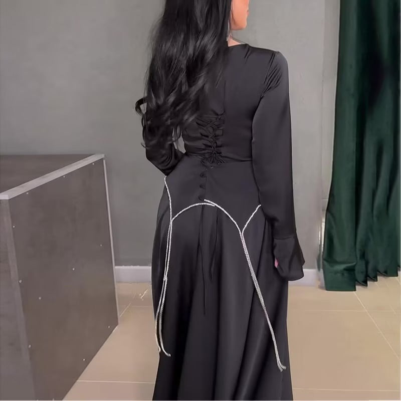 Women's Long Sleeve Solid Color Rhinestones/Gems/Crystals Modest Fashion Dress M 532021 - TUZZUT Qatar Online Shopping