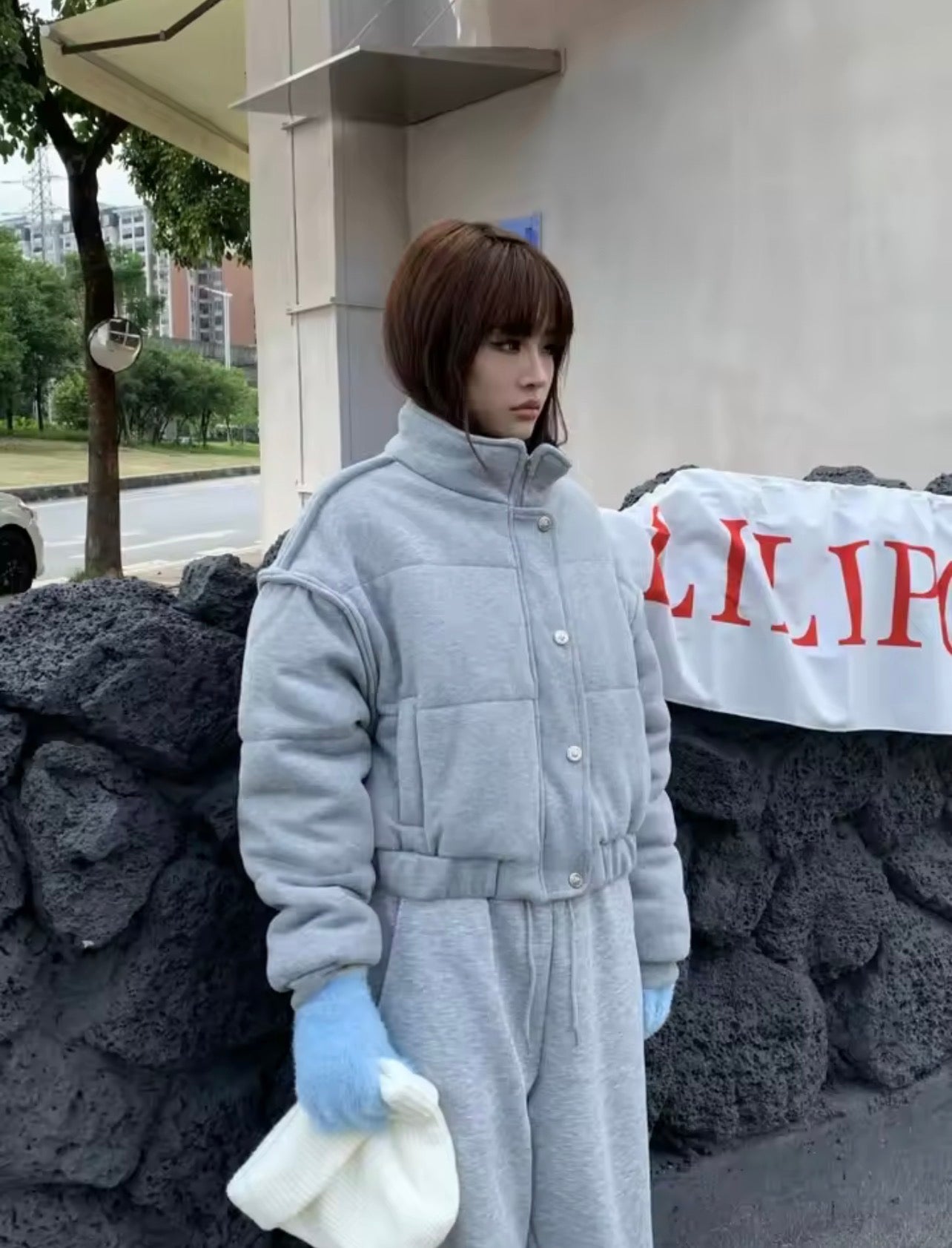 Simple Gray Stand Collar Short Coat Women 3522 Simple Gray Stand Collar Short Coat Women 3522