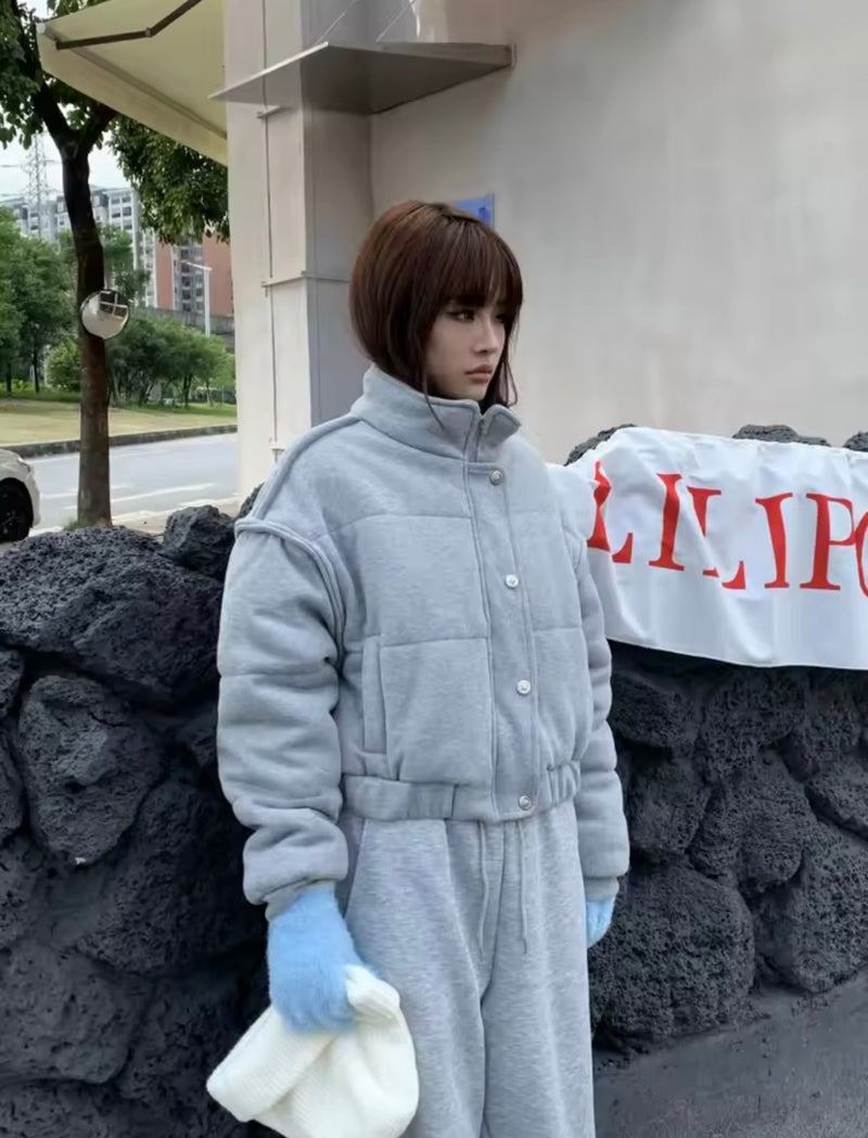 Simple Gray Stand Collar Short Coat Women 3522 - TUZZUT Qatar Online Shopping