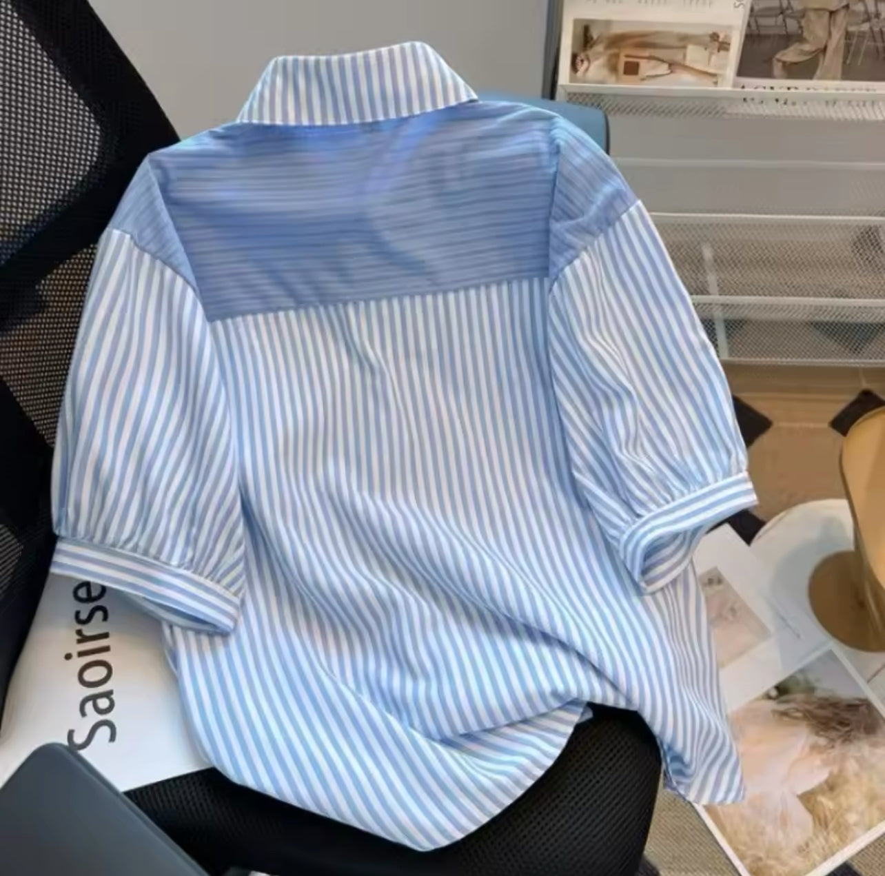 Elegant Fashion Female Polo-Neck Spliced Striped Shirt 561173 Elegant Fashion Female Polo-Neck Spliced Striped Shirt 561173