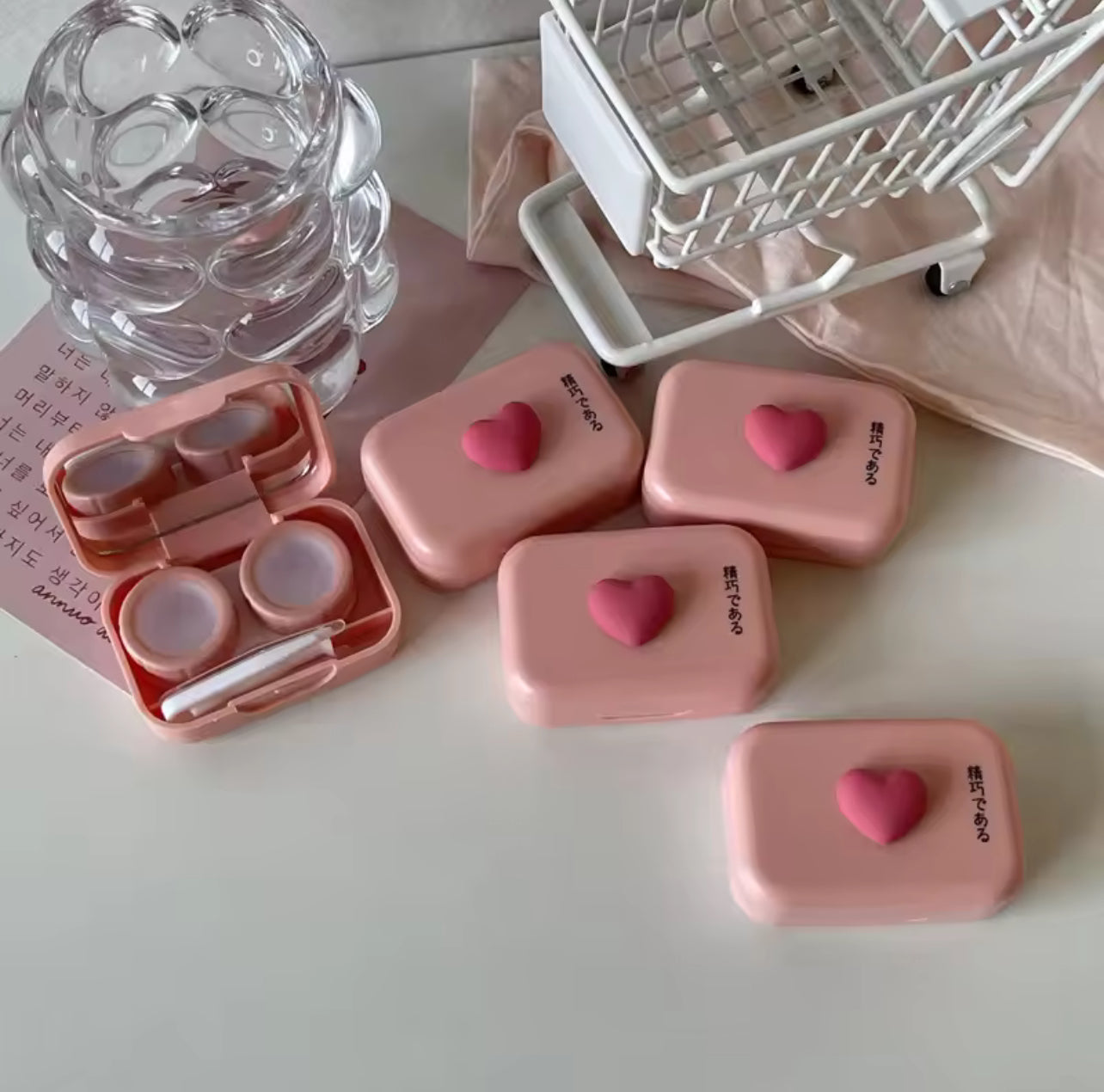 Pink Heart Square Contact Lenses Case with Tweezers Pink Heart Square Contact Lenses Case with Tweezers
