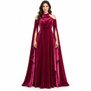 Women’s Burgundy Velvet Halter-Neck Cape-Sleeve Maxi Dress S47903