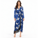 Women’s Blue Floral Wrap-Style Dress with Fringe Hem S5027