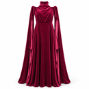 Women’s Burgundy Velvet Halter-Neck Cape-Sleeve Maxi Dress S47903