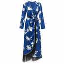 Women’s Blue Floral Wrap-Style Dress with Fringe Hem S5027