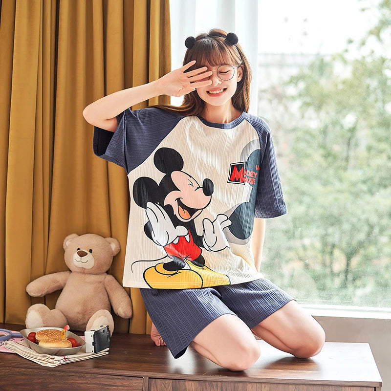 Disney Winnie the Pooh Women's Pajamas with Shorts Silky Short-sleeve Sleepwear Set Summer Two-pieces Home Suit Nightwear X4579886