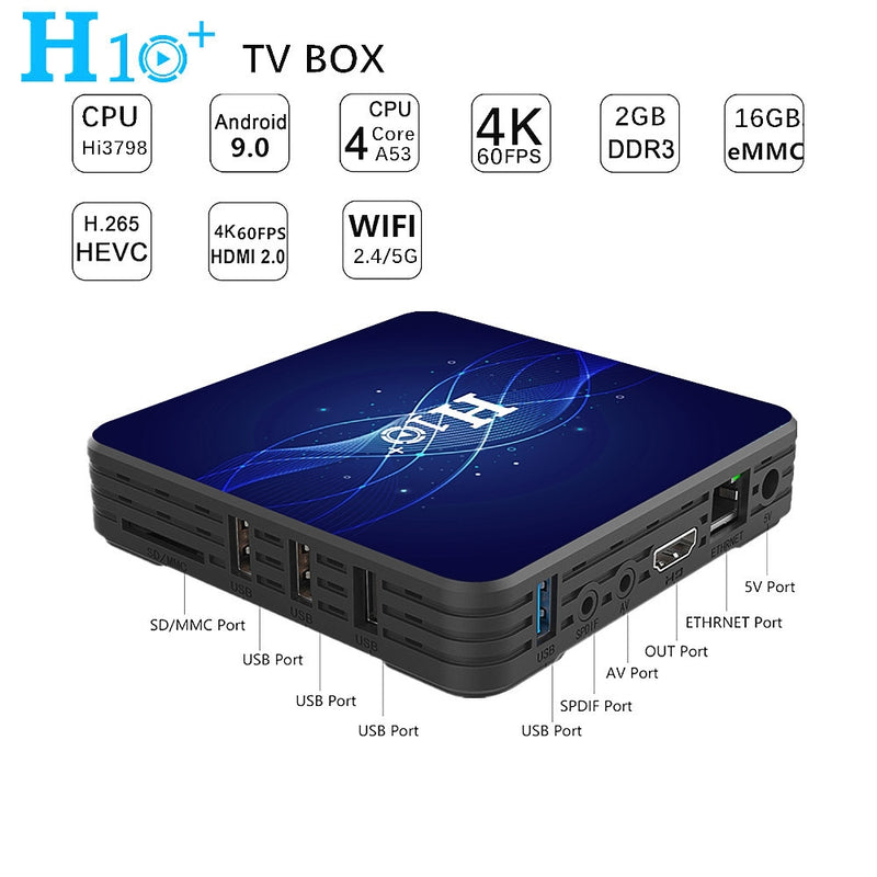 H10+ HD 4K Smart TV Box, Android 9.0, Hi3798MRBCV Quad-Core Cortex-A53,1GB+8GB, Support SPDIF, HDMI, 2.4G/5G WiFi, USBx4,TF Card, US Plug