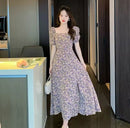French Style Square Collar Bubble Sleeve Floral Print Long Dress Women's 583977 - TUZZUT Qatar Online Shopping