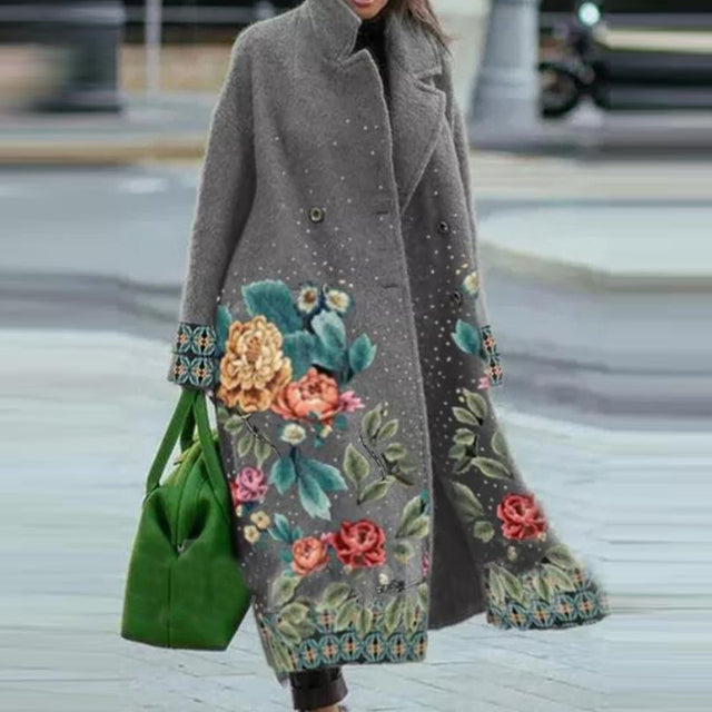 legant Autumn Street Lady Long Cardigan Coats Fashion Floral Print Pocket Long Sleeve Jacket Winter Women Blend Wool Coat B-28645 - Tuzzut.com Qatar Online Shopping