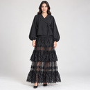 Women’s Black Shawl-Collar Blouse & Tiered Lace Maxi Skirt Set NS130