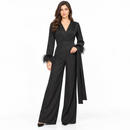 Women’s Black Feather-Cuff Wide-Leg Jumpsuit with Matching Sash 5020S5