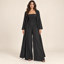 Women’s Black Smocked Wide-Leg Jumpsuit & Long Cardigan Set NS143