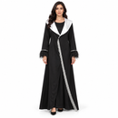 Women’s Black Maxi Dress with White Shawl Collar & Fringe Trim YD77
