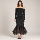 Women’s Black Off-Shoulder Long-Sleeve Dress with Tulle Hem YD27