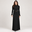 Women’s Black Ribbed Knit Belted Maxi Dress with Ruffle Detail NS136