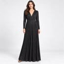 Black V-Neck Pleated Long Dress 140056