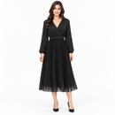 Women’s Black Wrap-Style Pleated Midi Dress 029546