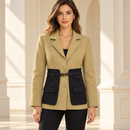 Women’s Beige & Black Belted Contrast-Panel Blazer NS91