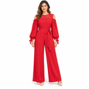 Women’s Red Lace-Yoke Cold-Shoulder Wide-Leg Jumpsuit S44937