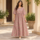 Women’s Beige & Pink Floral Maxi Dress with Tie Waist NS103