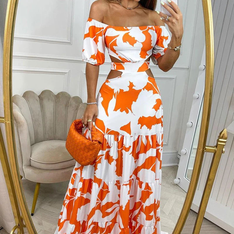 Ellafads Women Dress Sexy Off-Shoulder Printed Cutout Lace-Up Dresses Evening Party Beach Long Skirt Robe Femme S4590224 - Tuzzut.com Qatar Online Shopping